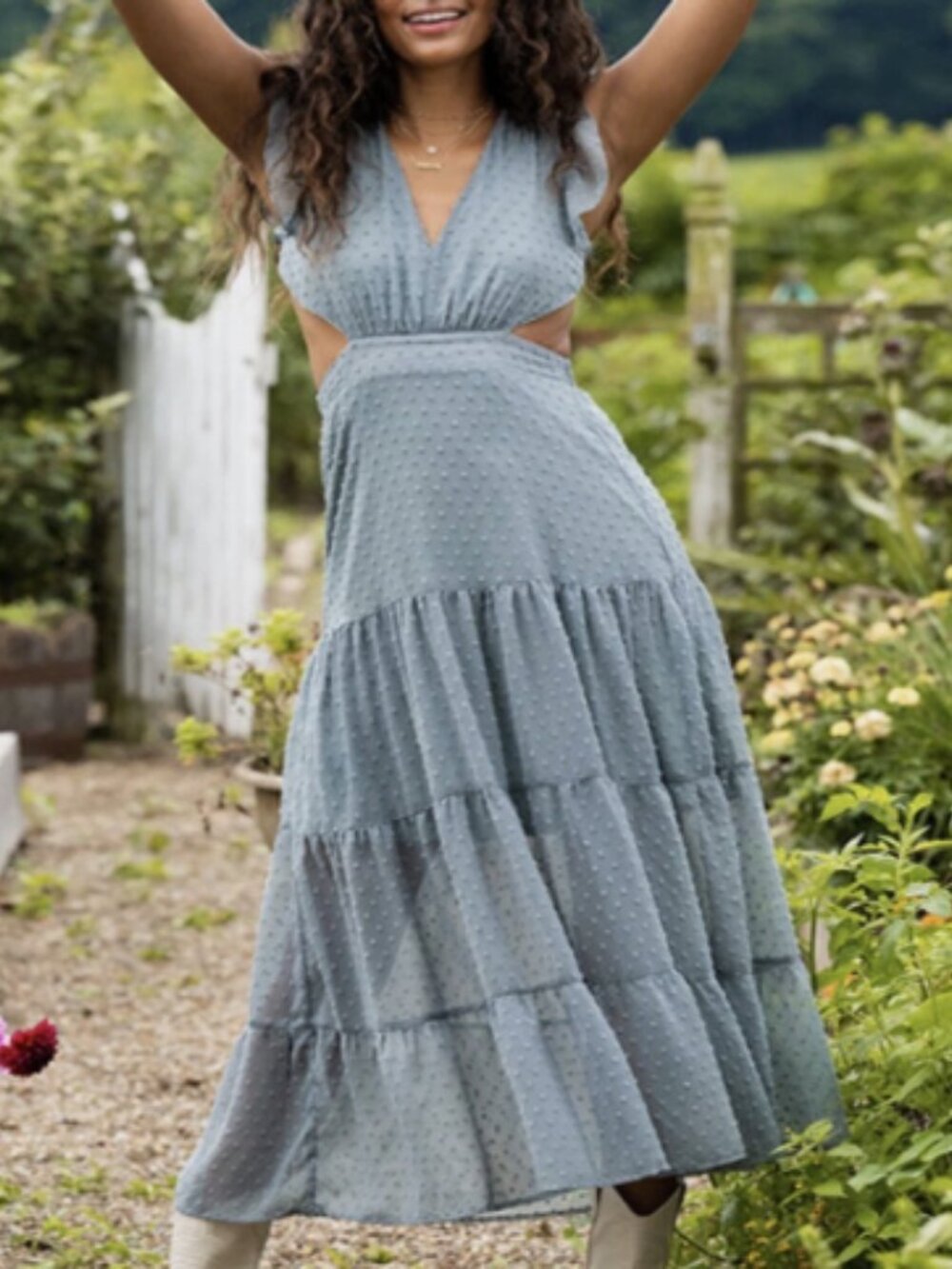 Altar'd State Sage Green Swiss Dot Tiered Maxi Dress Lace Back Sz M Fairycore